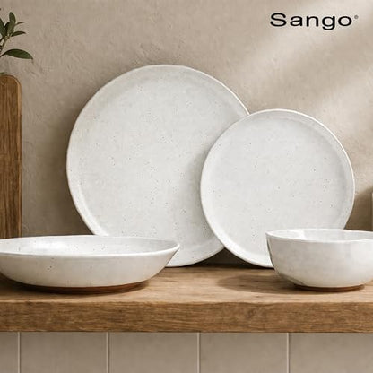 Sango 16-Piece Boho Farmhouse Stoneware Dinnerware Set for 4, Semi-Matte White Plates and Bowls Sets with Rustic Speckled Glaze, Ceramic Dish Set, Modern Dishes, Microwave & Dishwasher Safe, Kaya - color: White