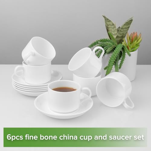 Fine Bone China Stackable Cup and Saucer Set of 6, Pure White Color Glaze Easy to Clean, 6 oz Capacity for Espresso & Cappuccino, Thin and Lightweight Comfortable to Hold, Microwave & Dishwasher safe
