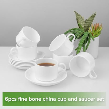 Fine Bone China Stackable Cup and Saucer Set of 6, Pure White Color Glaze Easy to Clean, 6 oz Capacity for Espresso & Cappuccino, Thin and Lightweight Comfortable to Hold, Microwave & Dishwasher safe