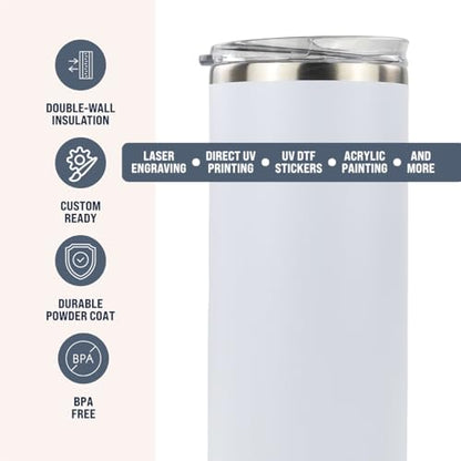 Hogg 20 oz Skinny - White, Powder Coated Tumblers for Laser Engraving, Engravable Tumblers Bulk, Stainless Steel Cups Bulk, Insulated Cups with Lids - color: White