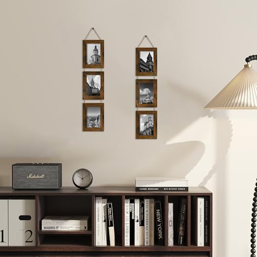4x6 Collage Picture Frames Set of 2, Rustic Wooden Real Glass Vertical Hanging 3 Opening 4 by 6 Photo Frame, Brown - color: Brown, size: Vertical-4x6 in