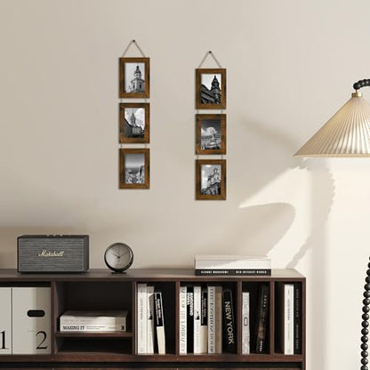 4x6 Collage Picture Frames Set of 2, Rustic Wooden Real Glass Vertical Hanging 3 Opening 4 by 6 Photo Frame, Brown - color: Brown, size: Vertical-4x6 in