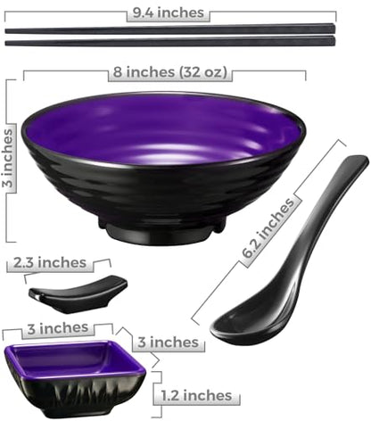 Unbreakable Ramen Bowl Set with Chopsticks and Spoon: 2 large Japanese Style Melamine Ramen Bowls (2 Bowl Set, Purple-Black) - color: Purple & Black, size: 2 Bowl Set