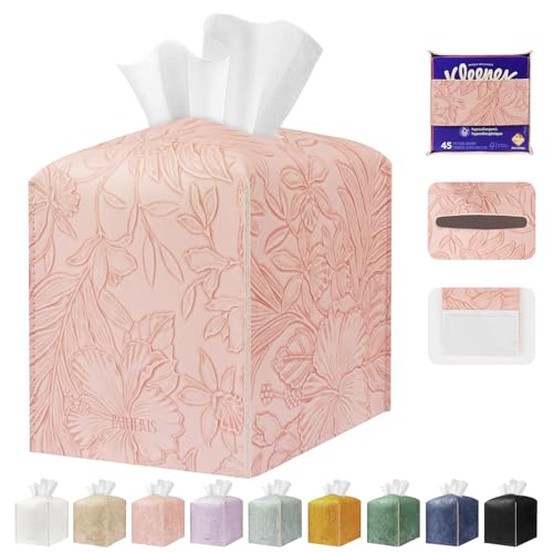 Tissue Box Holder Cover Square Tissue Cube Cover PU Leather Tissue Organizer with Bottom Belt for Bathroom, Tabletop, Kitchen, Night Stands, Office, Home, Car (1, RosyPink) - color: Rosypink