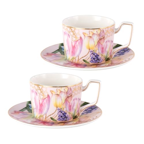 KAMMAK Tea Cups and Saucers Set of 2, Porcelain Coffee Cups, NX022 | Gold Rim, Stackable Espresso Mugs, Ceramic Demitasse for Coffee, Latte, Americano, Afternoon Tea, Elegant Gift for Women - size: 8CZNX022