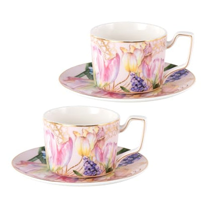KAMMAK Tea Cups and Saucers Set of 2, Porcelain Coffee Cups, NX022 | Gold Rim, Stackable Espresso Mugs, Ceramic Demitasse for Coffee, Latte, Americano, Afternoon Tea, Elegant Gift for Women - size: 8CZNX022