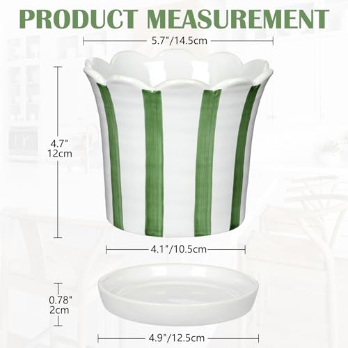 Set of 2 Flower Planter, 5.8 inch Ceramic Plant Pots with Drainage Hole and Sauser, Stripe Ceramic Planters with Wavy Opening for Indoor Outdoor Home Gardening Desktop Windowsill - color: Green & White