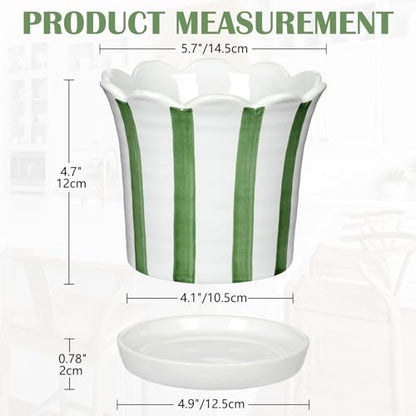 Set of 2 Flower Planter, 5.8 inch Ceramic Plant Pots with Drainage Hole and Sauser, Stripe Ceramic Planters with Wavy Opening for Indoor Outdoor Home Gardening Desktop Windowsill - color: Green & White