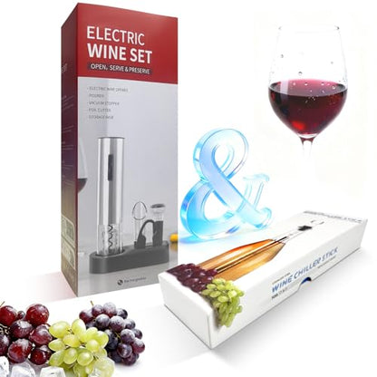 Rechargeable Electric Wine Opener Set with 3-in-1 Stainless Steel Bottle Cooler - Automatic Corkscrew, Wine Chiller，Vacuum Sealer, Foil Cutter, Pourer, Cool your wine for its flavor,Valentine gift