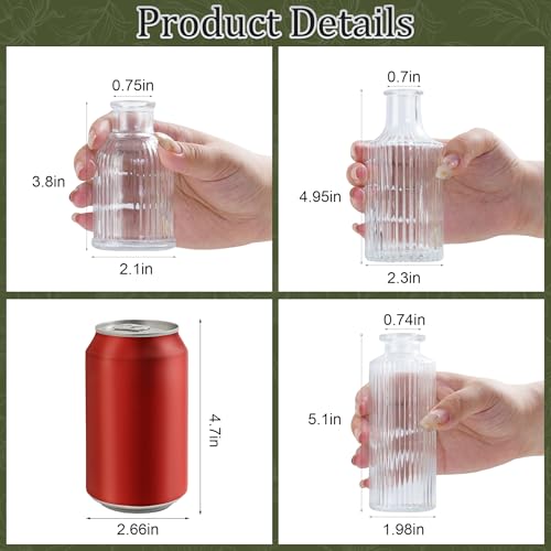 Mini Ribbed Glass Bud Vases Set of 6, Small Fluted Glass Flower Vases for Wedding Reception Centerpieces, Tabletop Decorations, Modern Home Decor