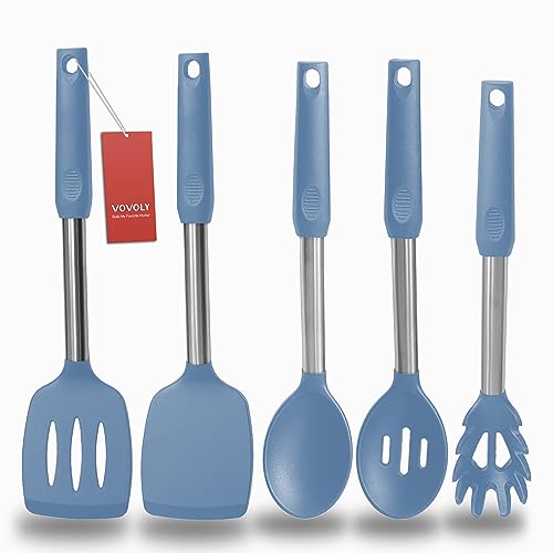 Silicone Spatula and Cooking Spoon,5 Pack Solid & Slotted Spoons and Spatulas High Heat resitant for Kitchen, Stainless Steel Handle Coated with Silicone, Non Stick Utensil, Starry blue - color: Starry blue