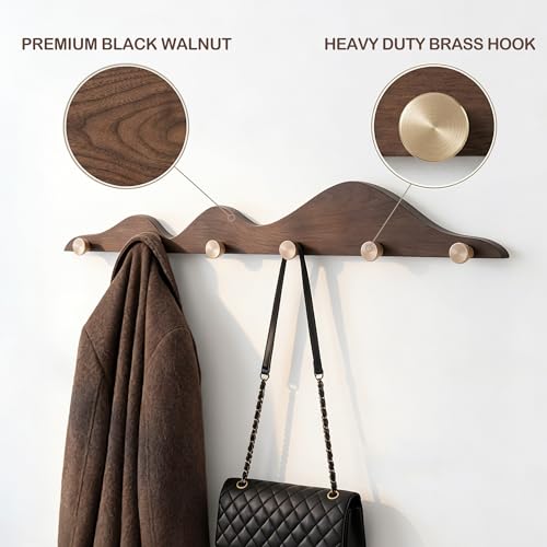 Starry Wood Coat Hooks Wall Mount Wooden Modern Decorative Wall Mount Coat Rack with 6 Gold Brass Hooks Heavy Duty Mounted Entryway Coat Rack for Hanging Coats Keys Hats Towels Bags Purse Walnut - size: 6 Hooks