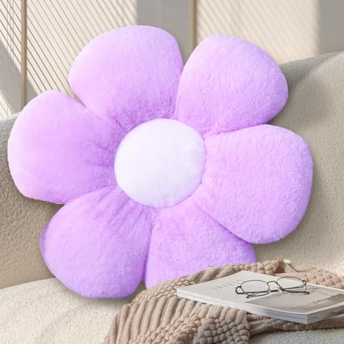 KUCCO Purple Flower Pillow, Daisy Shaped Decorative Throw Pillow, 17.7 Inch | Soft Plush Flower Shaped Pillow, Floral Seating Cushion, Cute Floor Pillow for Bedroom, Living Room Decor - color: Purple