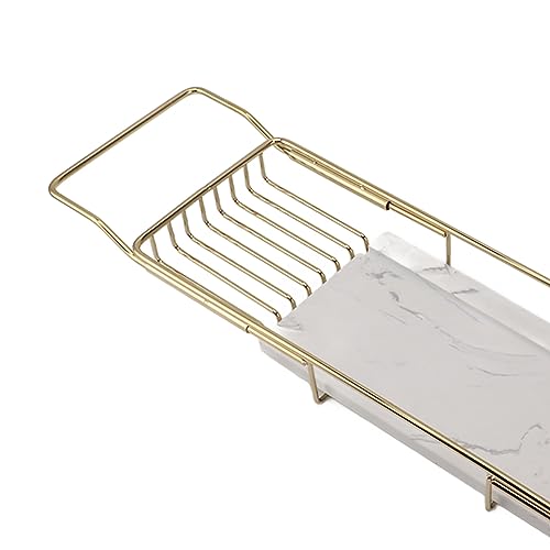 Marhynchus Metal Marble Bathtub Rack, Bathtub Caddy Tray Stainless Steel Shower Caddy Tray with Extending Sides, Bathroom Trays (Gold White) - size: Gold White