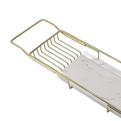 Marhynchus Metal Marble Bathtub Rack, Bathtub Caddy Tray Stainless Steel Shower Caddy Tray with Extending Sides, Bathroom Trays (Gold White) - size: Gold White