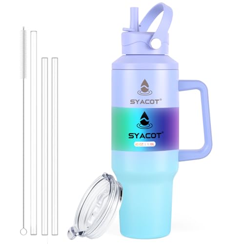 40 oz Tumbler with Handle and Straw or Convert to 40 oz Insulated Water Bottle Fits in Cup Holder. Stainless Steel Metal Water Flask with 2 Lids for Travel,Camping,Gym Sports Coffee Mug Thermal Cup - color: LakeBlue