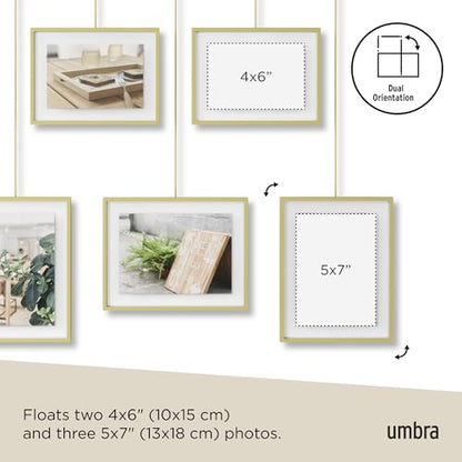Umbra Exhibit Picture Frame Set, Adjustable Wall Mount, Set of 5, Brass | Steel construction, customizable layout, damage-free hanging, fits 4x6 and 5x7 photos, includes mounting hardware - size: Pack of 5
