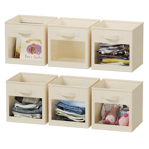 SpaceAid Storage Cubes with Clear Windows, Set of 6 Fabric Bins, 11 Inch Foldable Baskets Boxes for Closet, Cubby Shelf or Cube Storage Organizer, Beige - color: Beige
