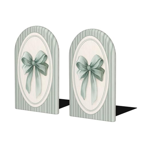 Vintage Sage Green Watercolor Ribbon Bow Bookends for Shelves 2 Pcs Wooden Book Stopper Organizer for Home Office Libraries