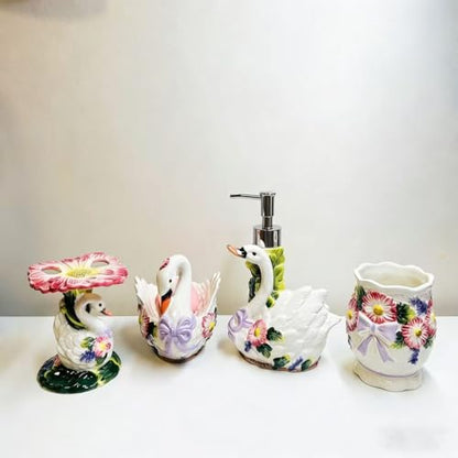 Ceramic Swans and Flowers Bathroom Accessories Set, 4 Piece Bathroom Ensemble Set with Toothbrush Holder, Toothbrush Cup, Soap Dispenser, Soap Dish
