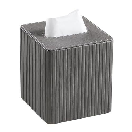 PU Leather Square Tissue Box Cover with Bottom, Slate Grey | Fits All Standard Cube Tissue Boxes, Modern Fluted Decorative Tissue Box Holder for Bathroom, Bedroom, Office, Living Room - color: Slate Grey