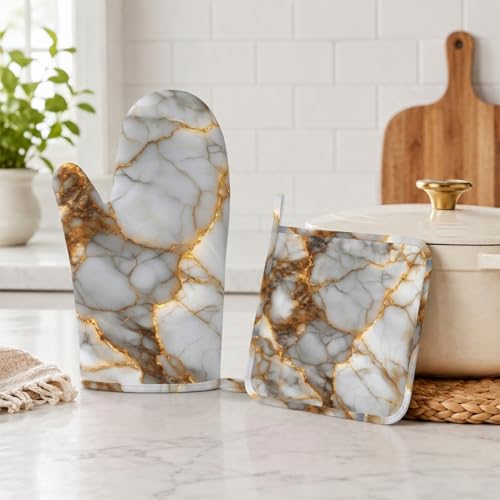 White Gold Marble Heat-Resistant Oven Mitts and Pot Holder Kitchen Non-Slip Silicone Cooking Microwave Gloves for Cooking Baking Grilling - color: White Gold Marble