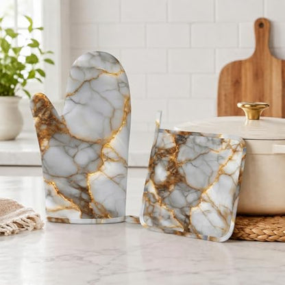 White Gold Marble Heat-Resistant Oven Mitts and Pot Holder Kitchen Non-Slip Silicone Cooking Microwave Gloves for Cooking Baking Grilling - color: White Gold Marble