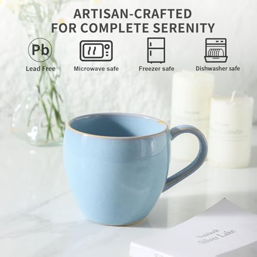Coffee Mugs Set of 4, Stoneware 16 Oz Coffee Mugs for Cappuccino Latte Cocoa and Tea, Ceramic Coffee Cups with Handle,Sky Bule Mugs for Housewarming Gifts, Microwave and Dishwasher Safe - color: Sky Blue