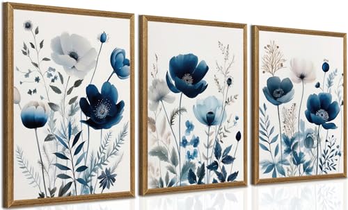 DUWQU Triptych Navy Blue Watercolor Botanical Floral Wall Art 12x16 in x3 | Wooden frame, UV-resistant ink, Giclée printing process, Pre-installed hooks make it easy to hang home or office wall decor - color: Blue Flower (Framed), size: 16"L x 12"W