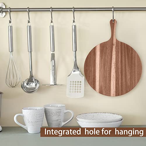 2 Pcs Round Wood Cutting Board Pizza Charcuterie Boards 16" x 12" Acacia Serving Board Wooden Peel Cheese Paddle with Handle Kitchen Gift for Home Food Baking Cheese Fruits Vegetables Bread