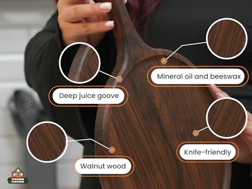 Round American Dark Walnut Wood Cutting and Serving Board with Handle - Charcuterie Wooden Board - Stylish Versatility for Your Kitchen - 17x13x0.8 in - Woodie Poppins (Large)