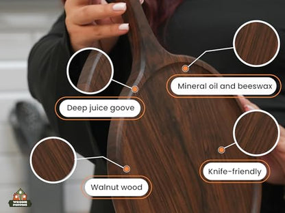 Round American Dark Walnut Wood Cutting and Serving Board with Handle - Charcuterie Wooden Board - Stylish Versatility for Your Kitchen - 17x13x0.8 in - Woodie Poppins (Large)