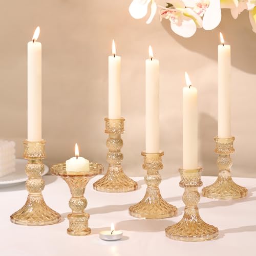 Gold Glass Candlestick Holders Set of 6, 4" H & 5" H Taper Candle Holders for Candlesticks & Pillar Candles, Diamond Candle Holders for Wedding Party Table Centerpiece, Home Decor - color: Gold, size: Diamond Pattern