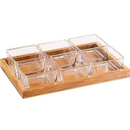 6 Compartment Glass Fruit Bowl with Wooden Tray Creative Snack Serving Tray Divided Serving Platter Reusable Ice Cream Cups Removable Salad Bowls for Snack Candy Nuts Desserts Transparent - color: Transparent, size: 6 Compartment