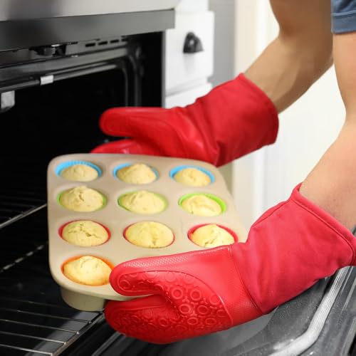 BPA-Free Silicone Oven Mitts Ultra Heat Resistant up to 500°F - Oven Mitts with Thick Cotton Liner - Long Slip Resistant Pot Holders, Flexible Oven Gloves - Canyon Red 13.7 - color: Red, size: 2-Piece 13.7" Oven Mitts