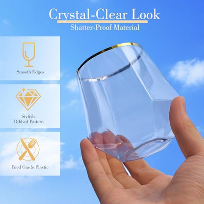 48 Pack Plastic Glasses – 24 x 9oz Stemless Champagne Flutes & 24 x 12oz Stemless Wine Glasses – Elegant Disposable Shatterproof Cup – BPA-Free Drinkware for Weddings, Parties (Gold Rim Diamond) - color: Gold Rim Diamond