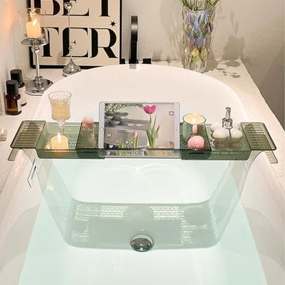 Bathtub Tray Table, Adjustable Bath Tray for Tub, Bath Accessories, Deluxe Bathroom SPA Bath Tray, Expandable Drain Bath Shelf Caddy Tray with Anti-Slip mat, Fits Most Tubs(Transparent Green) - color: Transparent Green
