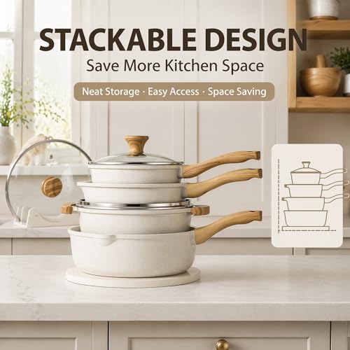 SENSARTE Nonstick Ceramic Cookware Set, 13-pcs Non-toxic Pots and Pans Set | Healthy Kitchen Cooking Set with Stay-Cool Handles, Silicone Tools and Pot Protectors, PFAS Free - color: White