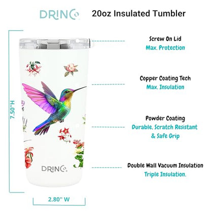 Drinco - 20 oz Stainless Steel Tumbler | Double Walled Vacuum Insulated Mug With Lid, 2 Straws, For Hot & Cold Drinks (20oz Hummingbird) - color: 20oz Hummingbird