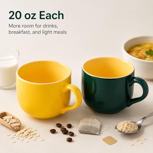 20 oz Ceramic Mug Set of 2, Yellow and Dark Green Oversized Coffee Cups for Tea, Soup, Cereal and Oatmeal, Wide Mouth Large Handle, Microwave Dishwasher Safe - color: 20 oz-Yellow&Dark green