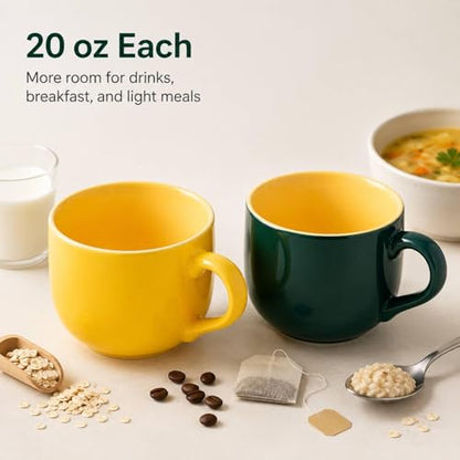 20 oz Ceramic Mug Set of 2, Yellow and Dark Green Oversized Coffee Cups for Tea, Soup, Cereal and Oatmeal, Wide Mouth Large Handle, Microwave Dishwasher Safe - color: 20 oz-Yellow&Dark green