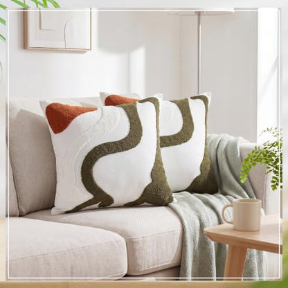2 Pcs Olive Green Throw Pillow Covers 18x18 Inch Embroidered Green Accent Pillow Cover Decorative Abstract Mid Century Textured Cushion Case for Couch Sofa Bedroom Living Room Home Decor - style: Bohemian