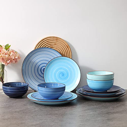 Selamica Ceramic Dinnerware Sets, 12 Pieces Plates and Bowls Sets, Scratch Resistant Dishes Set for 4, Handpainted Swirl Dishware Sets with Spray Black Dots, Dishwasher&Microwave Safe, Gradient Blue - color: Gradient Blue, size: 12 Pieces
