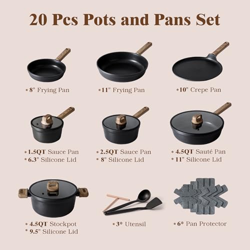 SENSARTE 20Pcs Nonstick Pots and Pans Set, Black Titanium Cookware Set | Healthy Kitchen Cooking Set, Induction Compatible, Dishwasher Safe, PFOA/PFOS Free - color: Midnight Black