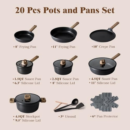 SENSARTE 20Pcs Nonstick Pots and Pans Set, Black Titanium Cookware Set | Healthy Kitchen Cooking Set, Induction Compatible, Dishwasher Safe, PFOA/PFOS Free - color: Midnight Black