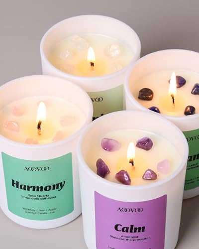 AOOVOO Calm Candles Set for Women - 4 Pack Soy Candles for Home Scented | 28 oz Soy Wax, Aromatherapy Candle with Crystals, Amethyst Calm/Clear Quartz Serenity/Rose Quartz Harmony/Lapis Lazuli Balanc - style: Calm Candles Set
