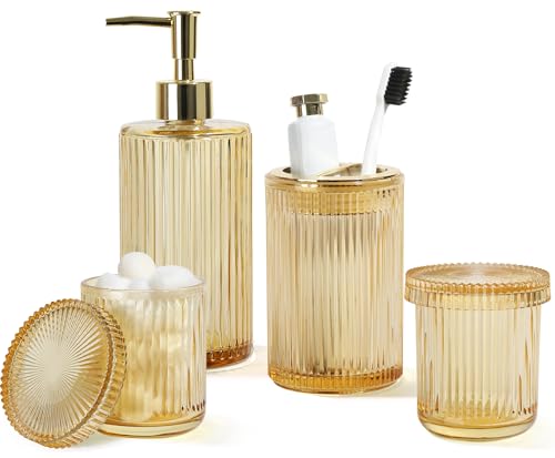 KASUNTING Gold Bathroom Accessories 4 Pcs, Gold Glass Soap Dispenser and Toothbrush Holder Set, Qtip Holder Set, Glass Bathroom Soap Dispenser Set, Yellow Orange Bathroom Decor - color: Gold, size: 4 Pcs Bathroom Set