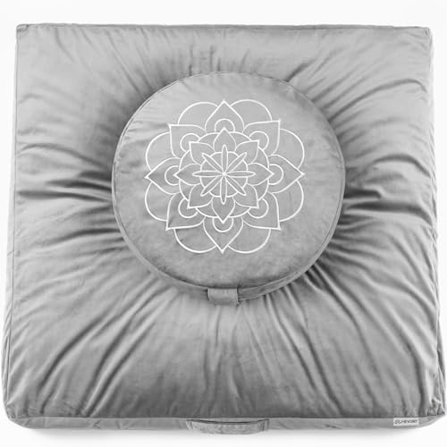 Hihealer Meditation Cushion Set – Large Rose Velvet Zafu & Zabuton Floor Pillow Traditional Tibetan Yoga Bolster for Adults Buckwheat Filled for Comfort Support - color: Gray-c