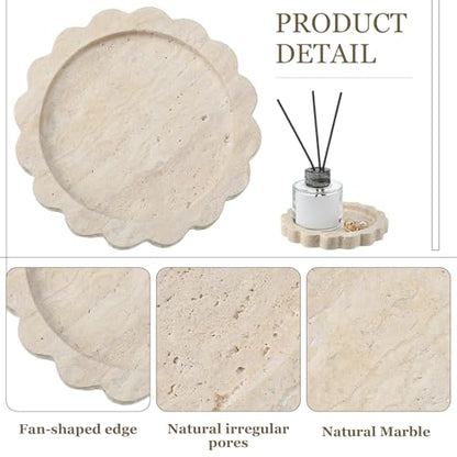 5.5 Inch Small Travertine Stone Tray Marble Jewelry Dish Trinket Tray for Women, Perfume, Coffee Table(Round,Scallop) - style: Round，Scallop