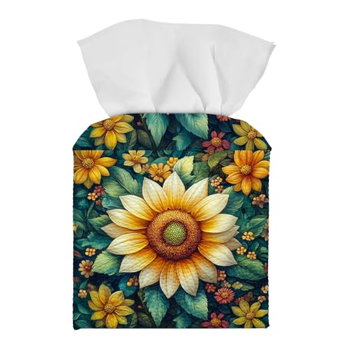 Tissue Box Cover Square, PU Leather Tissue Box Holder for Bathroom, Living Room & Office Desk, Vibrant Sunflower in Lush Floral Foliage, Decorative Modern Tissue Box Cover - color: Vibrant Sunflower in Lush Floral Foliage